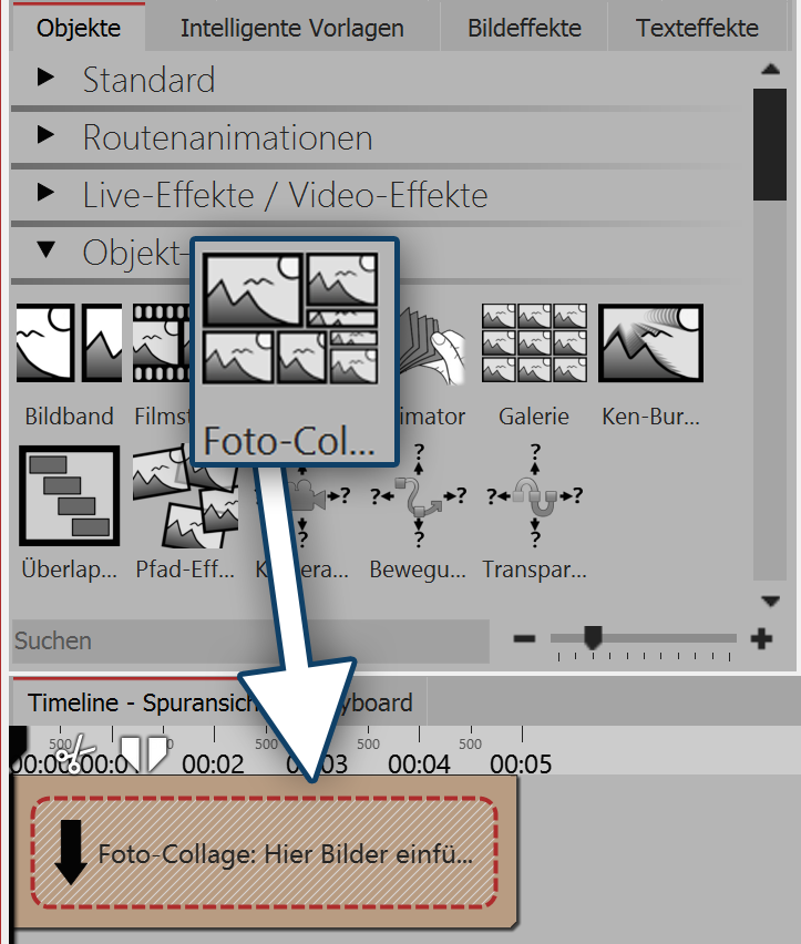 Dragging a photo collage from the toolbox into the timeline