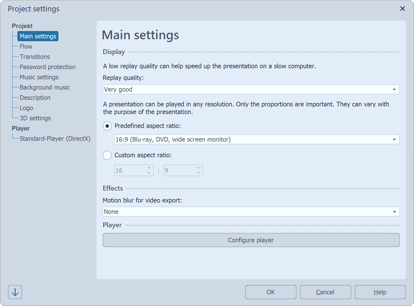 Main settings in Stages