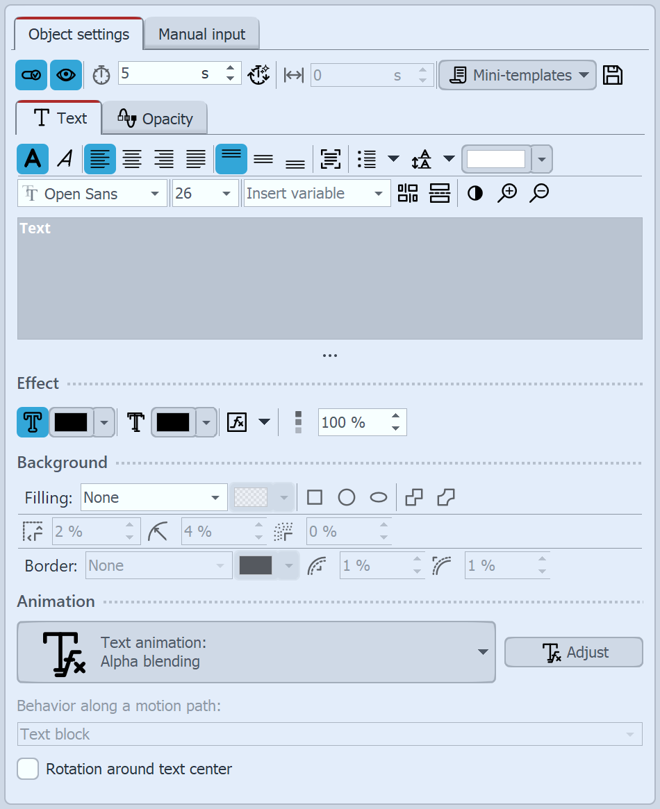 Properties for Text object