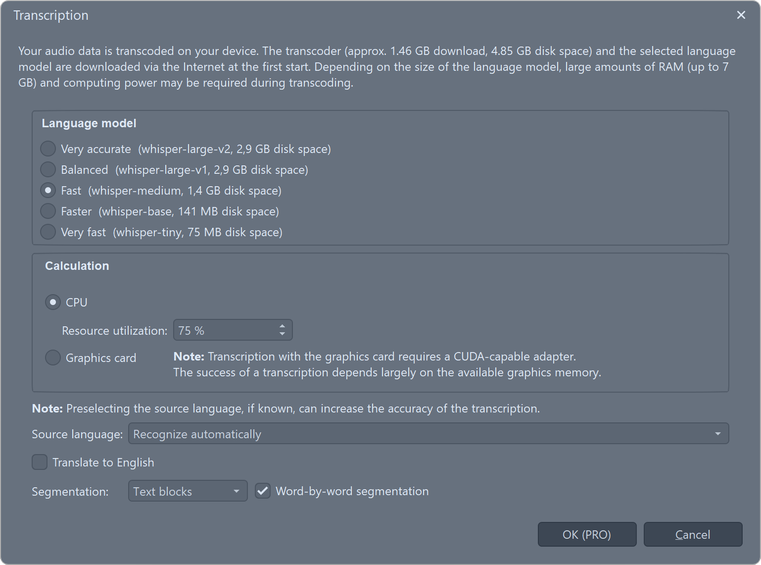 Transcription template settings