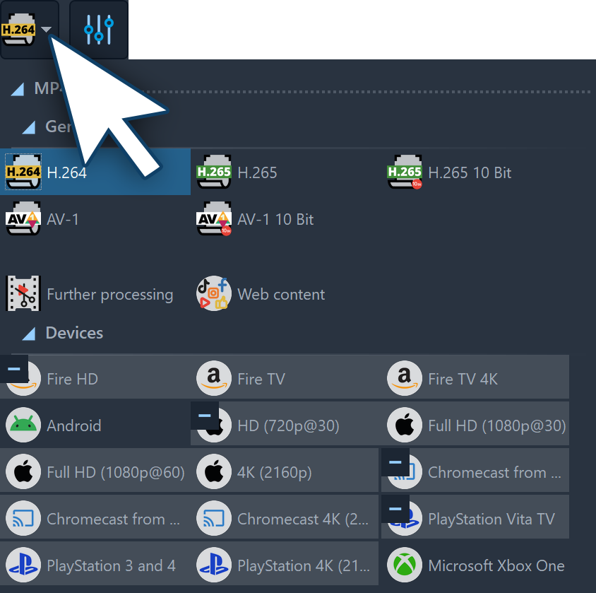 Select file type for destination file 