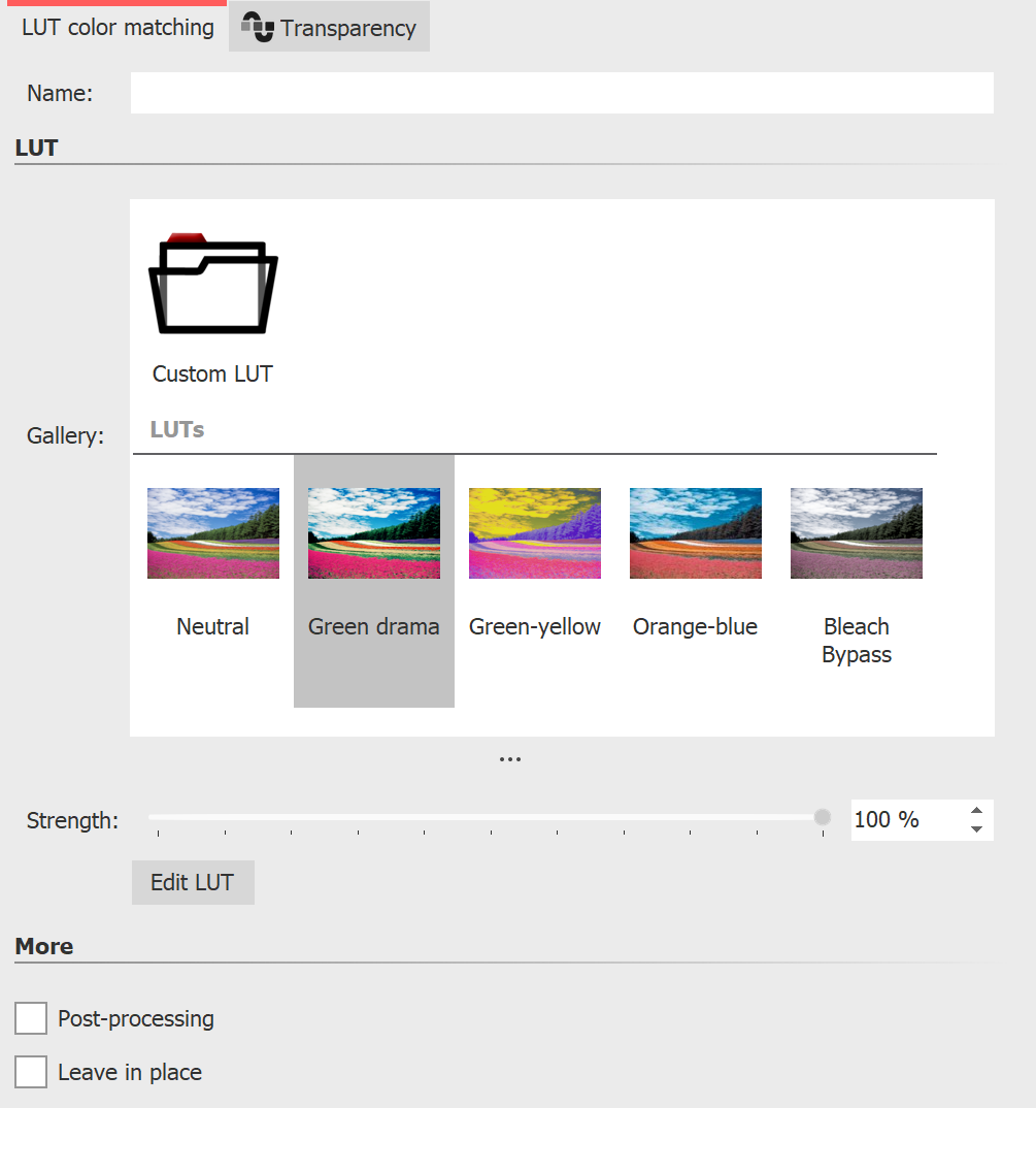 Settings for LUT effect