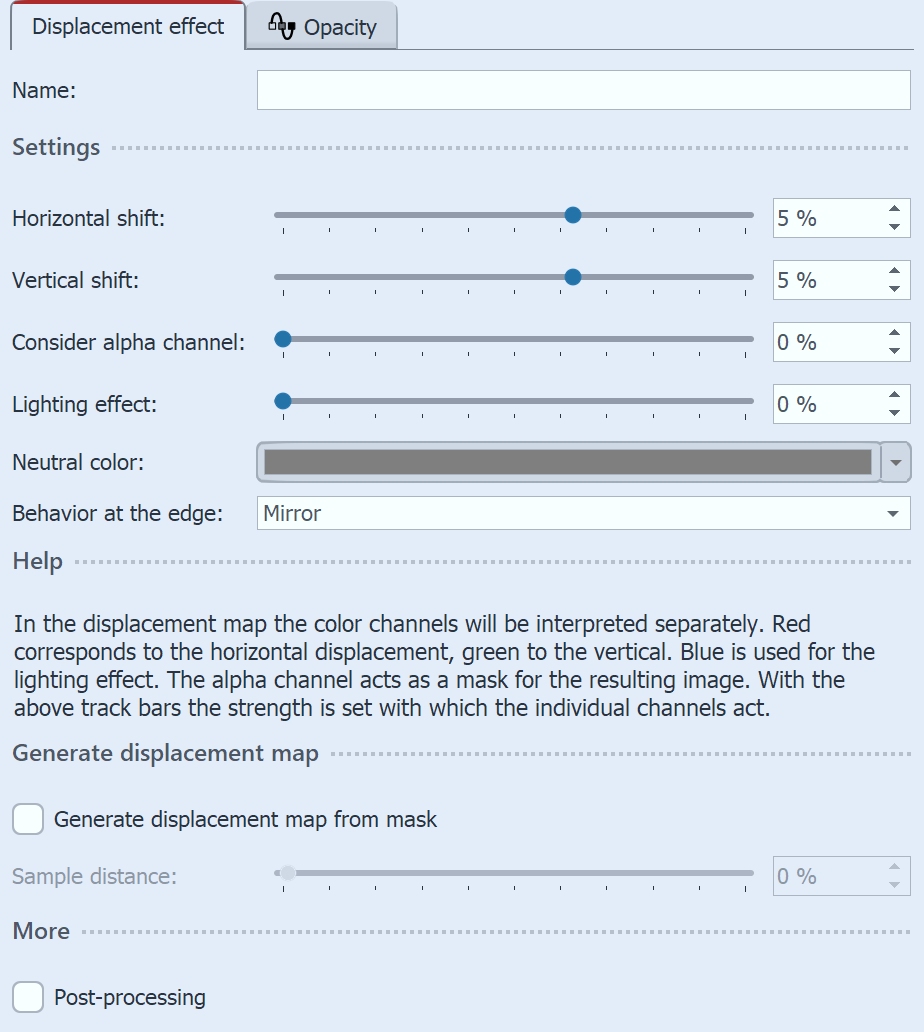 Settings for Displacement effect