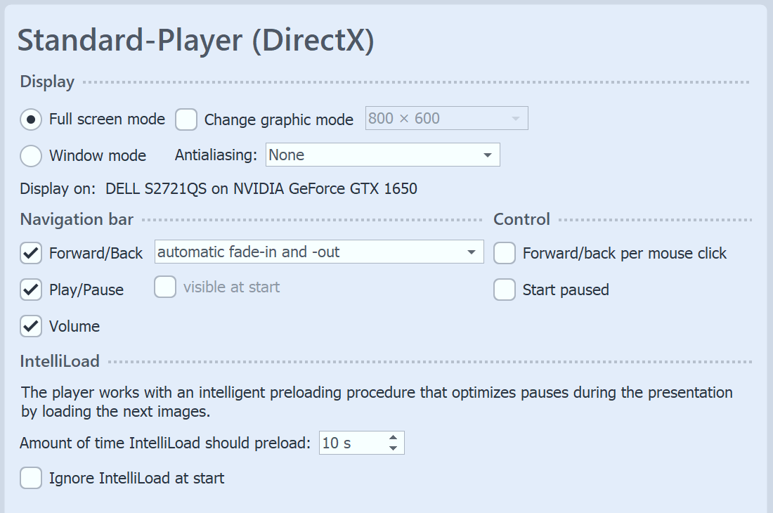 Settings for Player in Video Vision