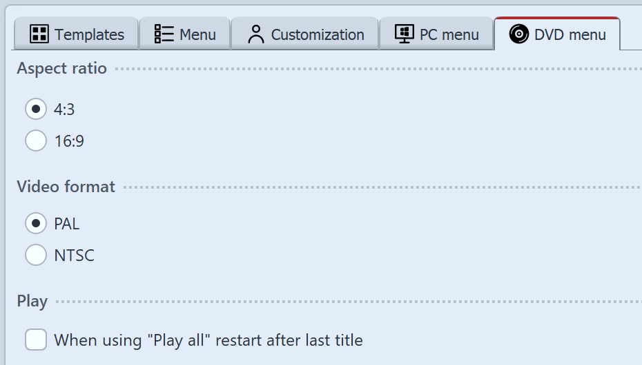 Settings for DVD menu