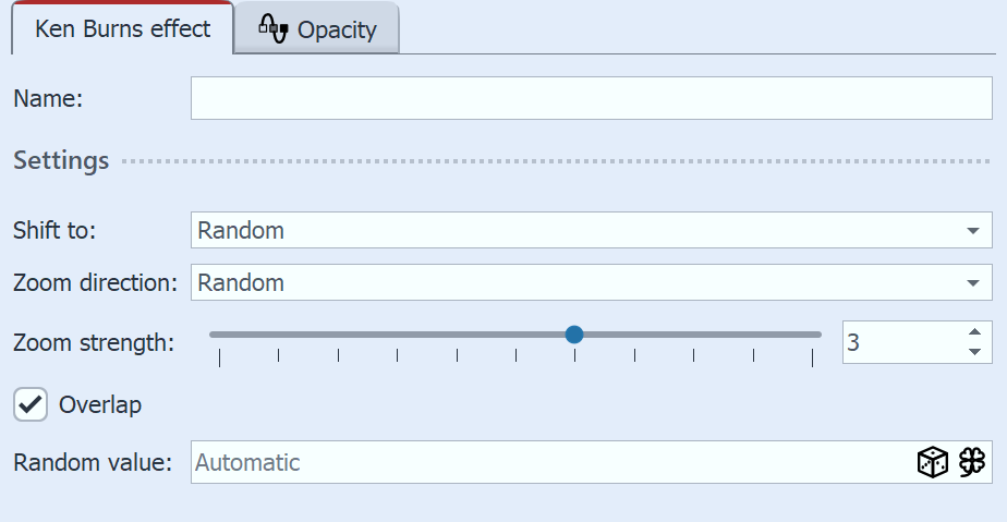 Settings for Ken Burns effect