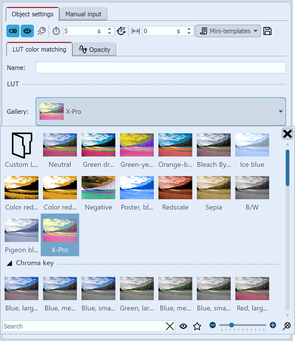 Settings for LUT effect