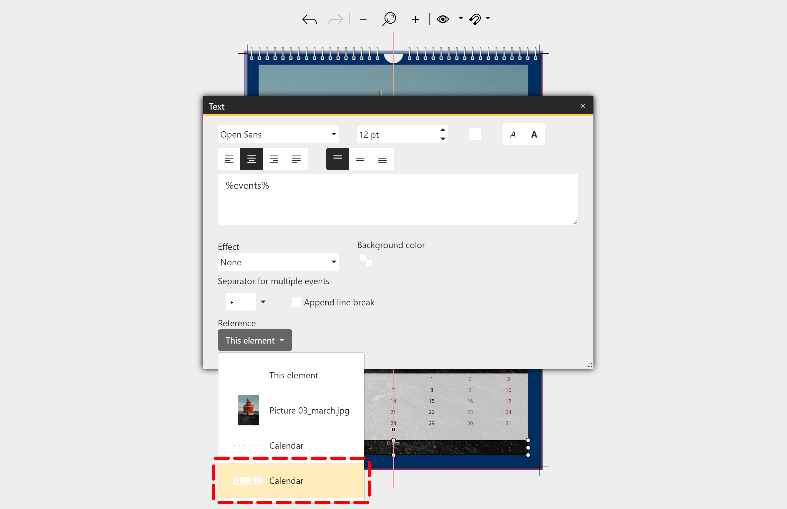 The calendar is assigned to the event field as a reference.